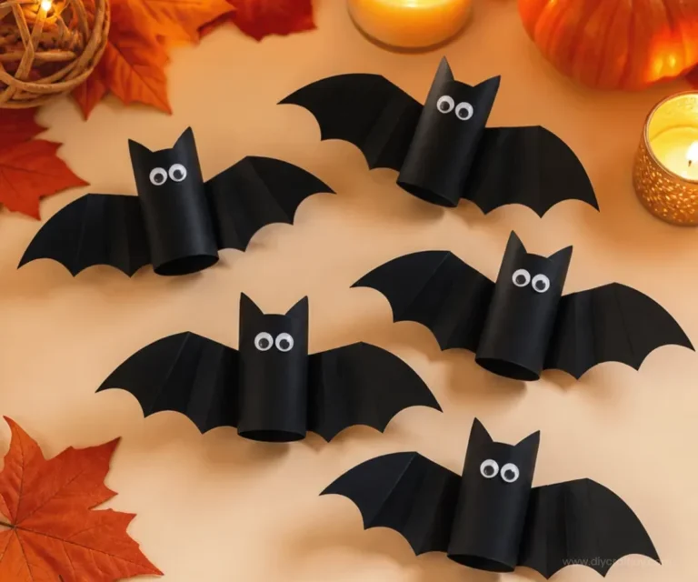DIY paper bats craft for Halloween decorations hanging on a wall.