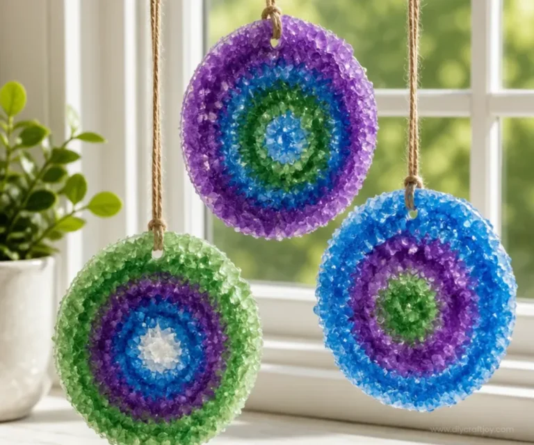 Colorful DIY Crystal Geode Ornaments crafted by kids using geode crafts.