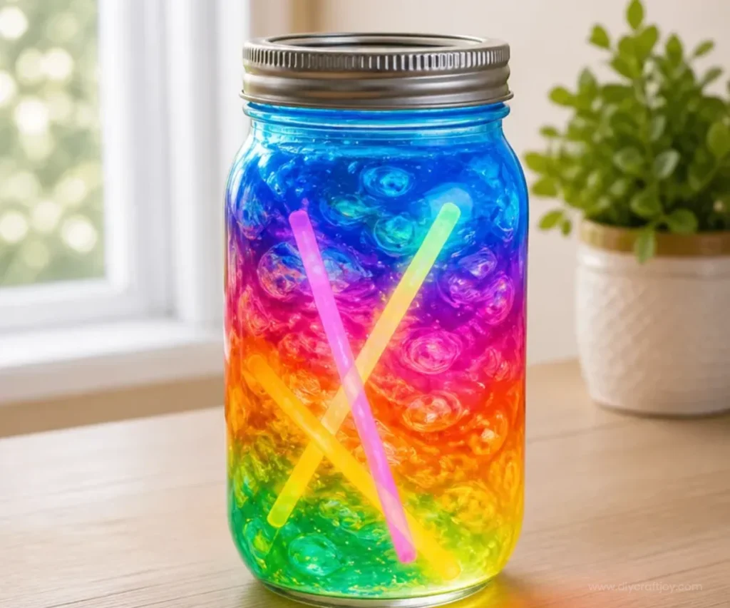 Children creating a glow in the dark jar craft using dish soap.