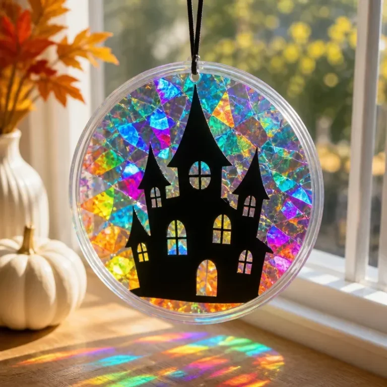 Holographic haunted house suncatcher Halloween window decor