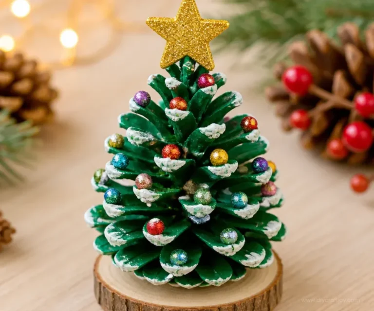 Colorful painted pine cone tree craft for seasonal home decor