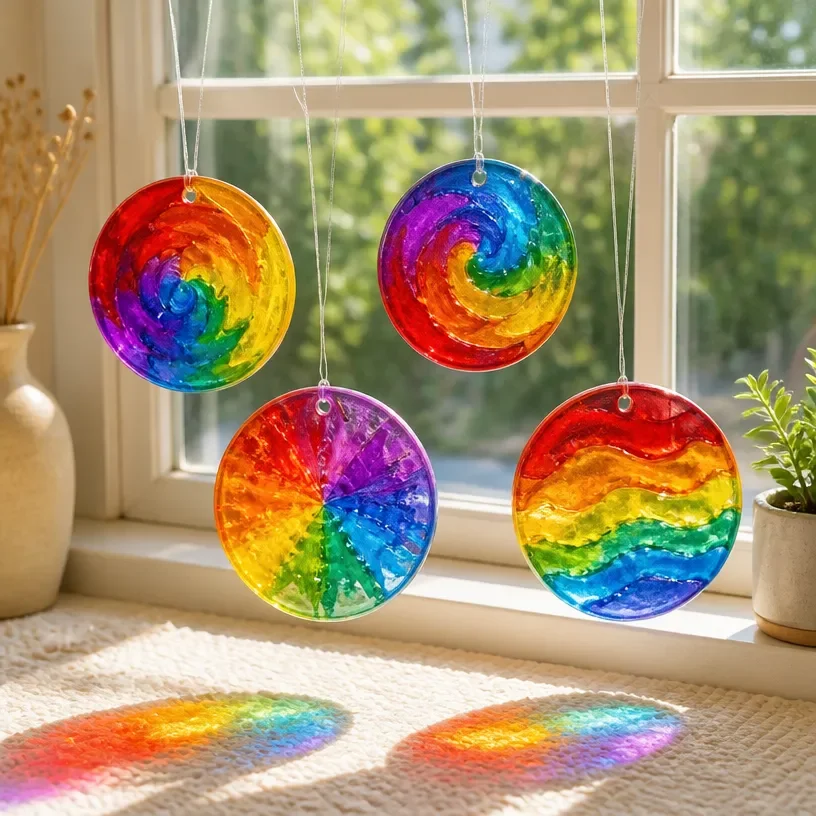 Colorful DIY rainbow glue suncatchers for kids' window art