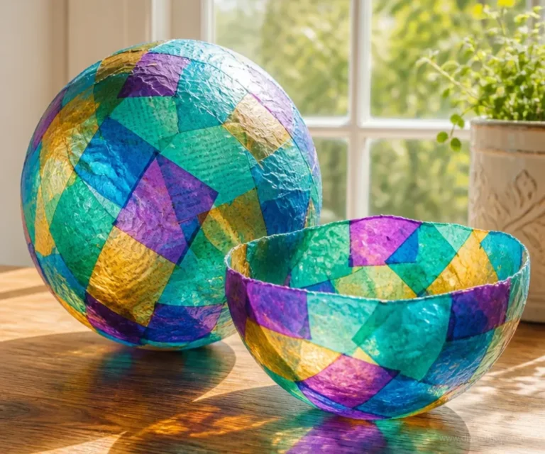 Kids craft project using recycled materials to create colorful suncatchers