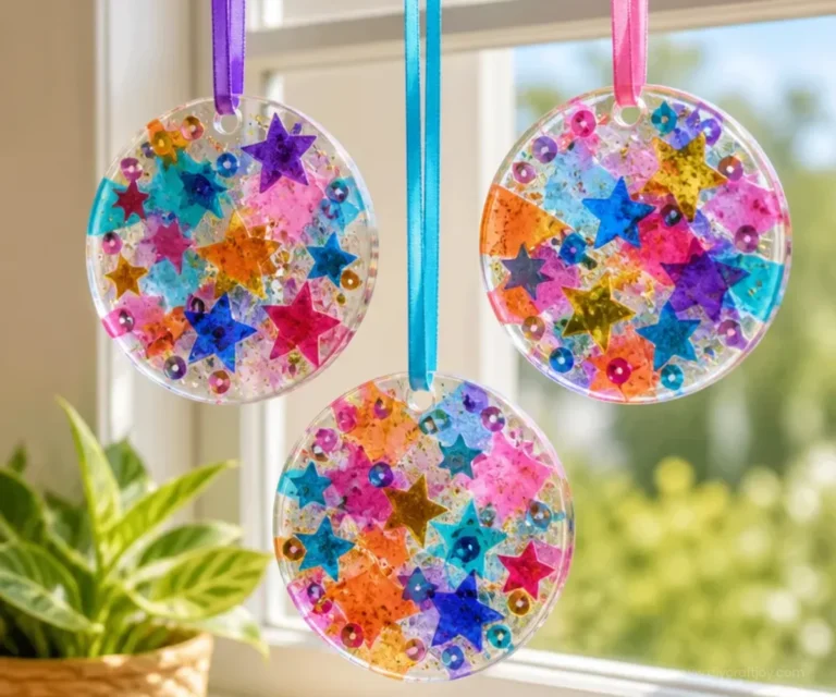 Colorful suncatcher craft made with clear PVA glue by kids